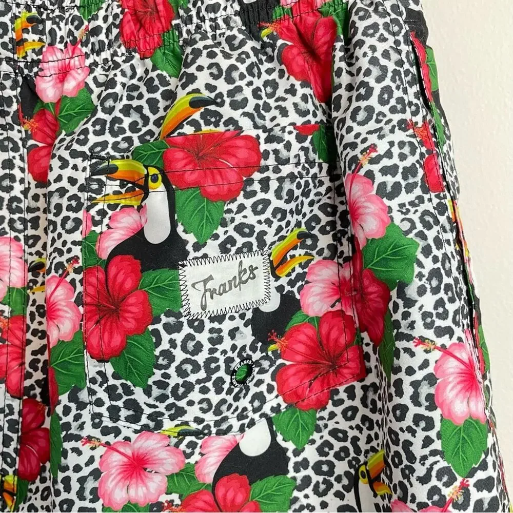 Franks Broadbeach Quick dry Tropical Toucan floral leopard swim trunks shorts M